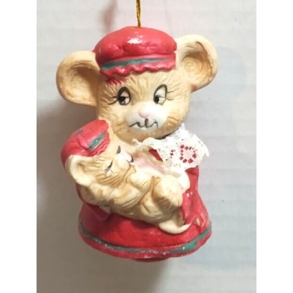 VTG Jasco Bisque Porcelain Caring Critter Chimers Bell Mommy & Baby Mouse